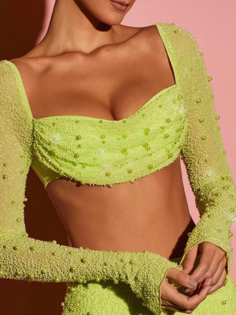 OhPolly Lime Green Embellished Cropped Top Cowl Neck 4